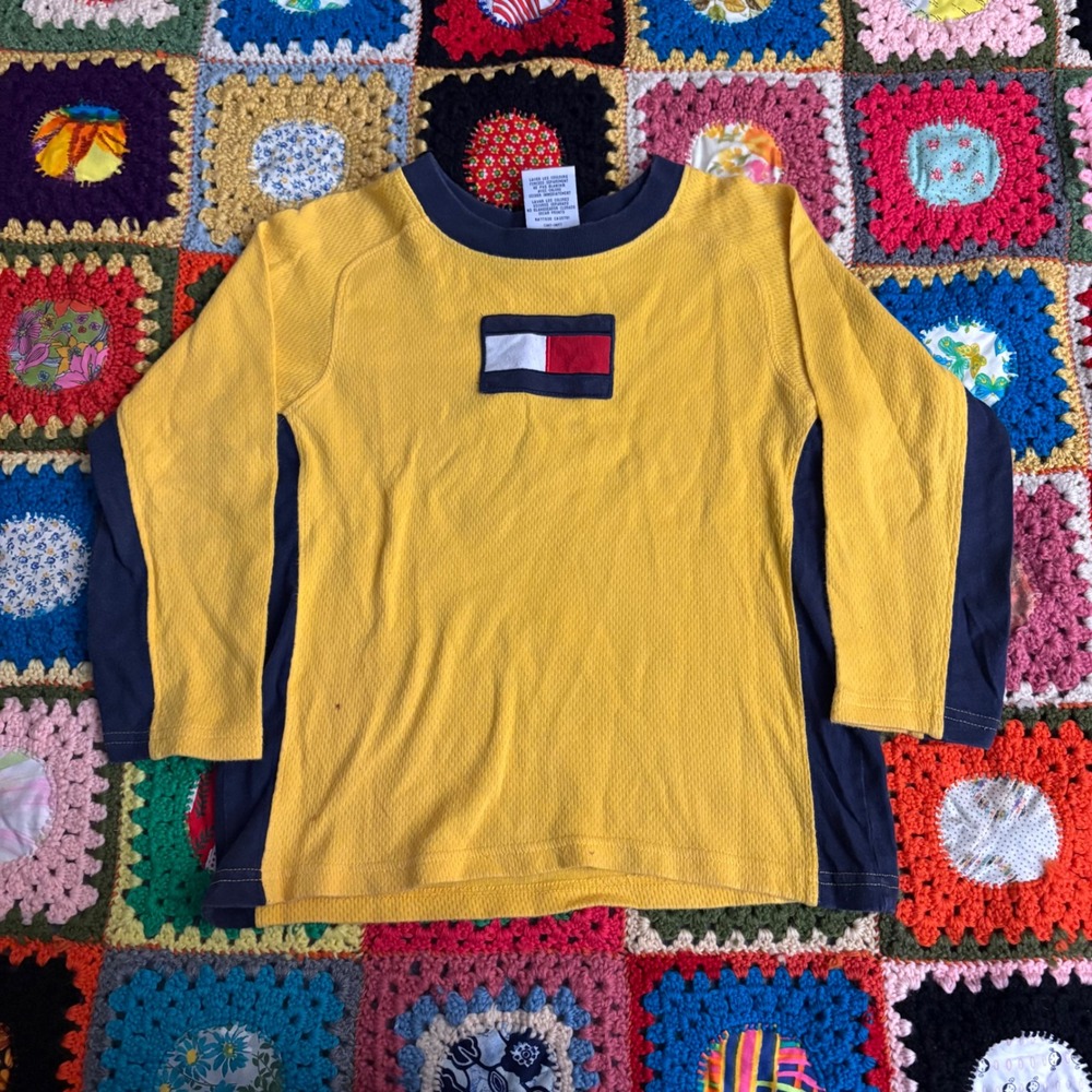 Vtg 90s Tommy Hilfiger Kid Yellow Navy Colorblock Waffle Knit Thermal Shirt Sz 5